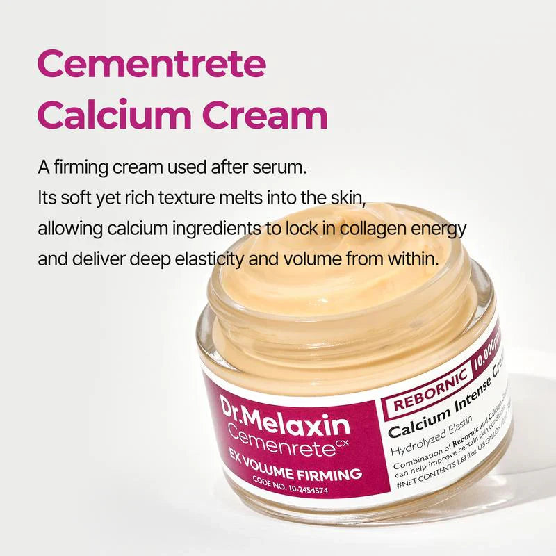Dr. Melaxin Cementrete Calcium Cream jar with product description text on a white background