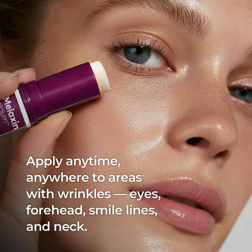 Woman applying Melazin cream to her face with text about its use.
