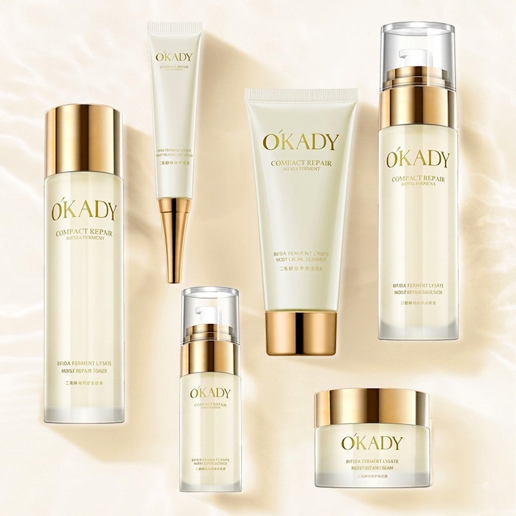 Six OKADY skincare products arranged on a soft cream background: two tall bottles, two tubes, one pump bottle, one small pump bottle, and one jar. The products are frosted off-white with metallic gold caps and gold branding.