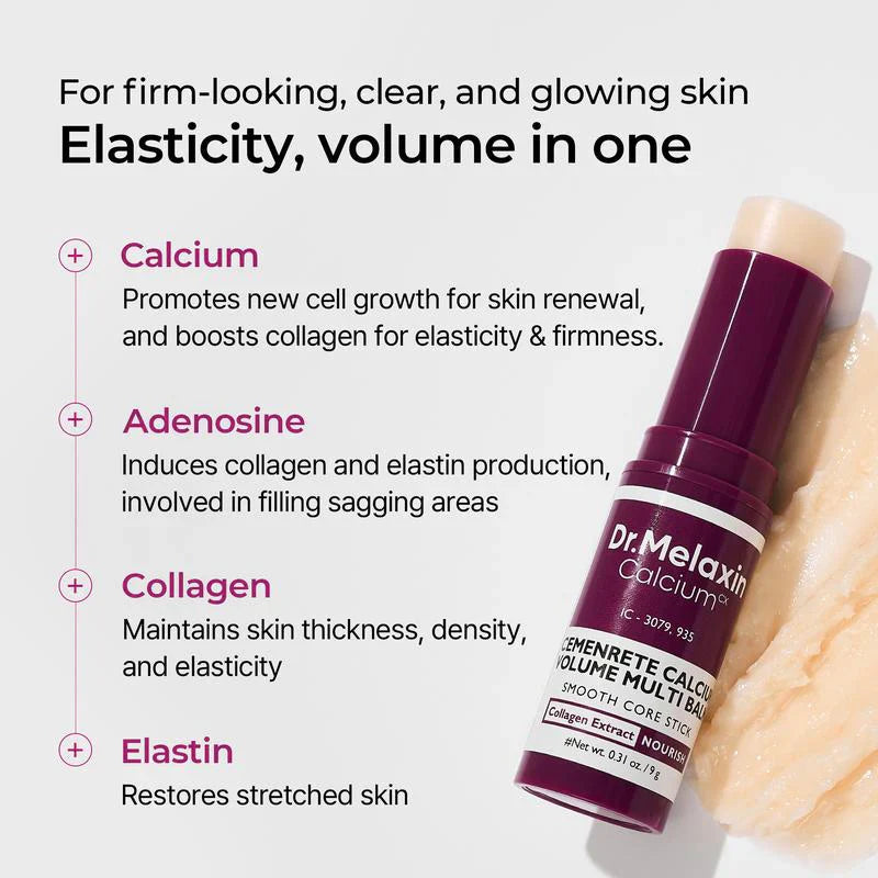 Dr. Melaxin Calcium product with text about skin benefits on a gray background